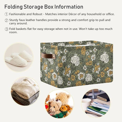 Beautiful Flowers Storage Baskets with Handles Fabric Foldable Baskets for Home Organizer Closet Bedroom Bathroom Office (1-Pack)