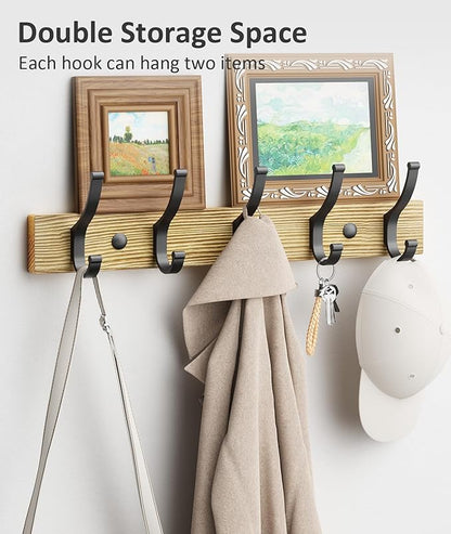 Coat Rack Wall Mount, 16.5 Inches Wood Coat Hooks Wall Mount, Wall Coat Rack with 5 Hooks, Hat Rack Wall Hooks for Hanging Coat, Bag, Towel (1Pack, Natural)