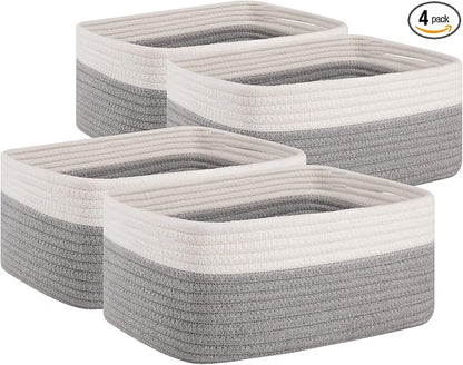 OIAHOMY 4 Pack Storage Baskets for Organizing, Small Bins for Shelves, Cute Decorative Storage Bins, Organizer Baskets for Gifts Empty, 14.2''Lx11''Wx6.3'H, Grey/White