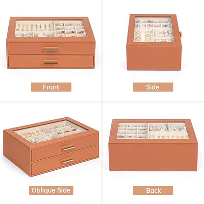 AKOZLIN Jewelry Box with Clear Lid Functional Leather Jewelry Storage Organizer Case 2 Drawers for Women Girls Necklace Ring Bracelet Earring
