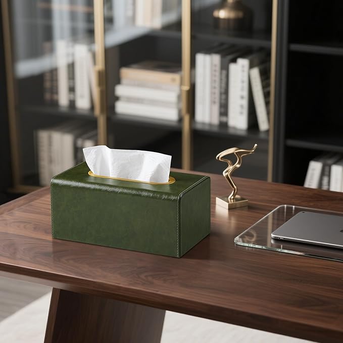 Rectangle Tissue Box Cover for 120-160 Count Box of Tissues, Luxury PU Leather Tissue Holder with Magnetic Closure (Dark Green)