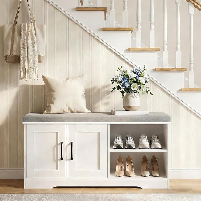 Storage Bench, 39.4" Wide Shoe Bench with Padded Seat Cushion, Entryway Bench with 2 Doors and Adjustable Shelf, End of Bed Bench, for Hallway, Bedroom, White and Gray BSWT1201
