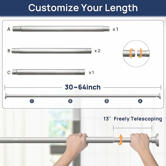 ENJOYBASICS Shower Curtain Rod 30 to 64 Inches, Stainless Steel Adjustable Spring Tension Rods No Drill for Bathroom, Closet, Window, Room Divider, Never Rust, Non Slip, Nickel