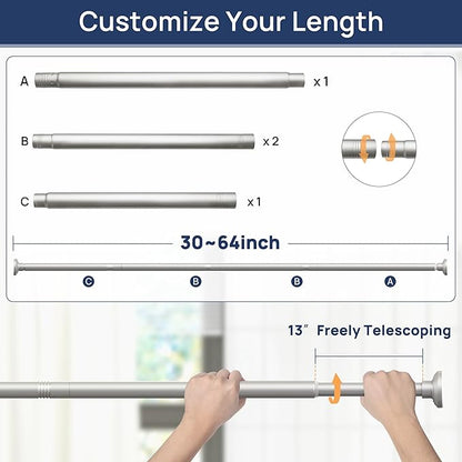 ENJOYBASICS Shower Curtain Rod 30 to 64 Inches, Stainless Steel Adjustable Spring Tension Rods No Drill for Bathroom, Closet, Window, Room Divider, Never Rust, Non Slip, Nickel
