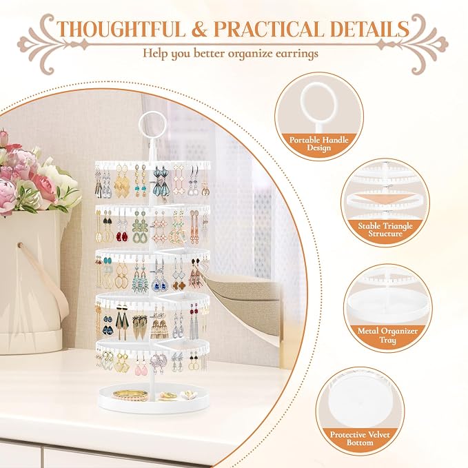 iDavosic.ly 5 Tier Rotating Earring Holder Organizer with Metal Tray, Adjustable Plastic Dangle Display Stands Tree with 285 Grooves, Large Hoop Storage Rack Tower, White