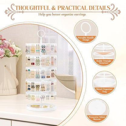 iDavosic.ly 5 Tier Rotating Earring Holder Organizer with Metal Tray, Adjustable Plastic Dangle Display Stands Tree with 285 Grooves, Large Hoop Storage Rack Tower, White