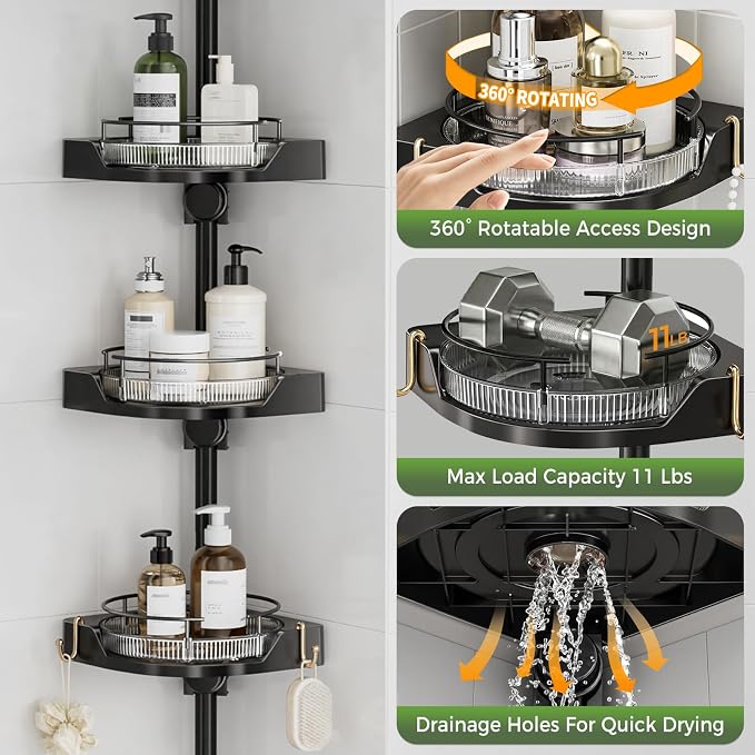 360° Rotating Shower Caddy Tension Pole, 4-Tier Corner Shower Organizer with Adjustable Shelves & Hooks, Rustproof Metal Pole, No Drilling Bathroom Storage Rack for Bathtub, 34-124”(Black)
