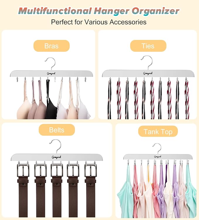 Gomyrod Bra Hanger for Closet, 1 Pack Tank Top Hanger w/20 Hooks Capacity Foldable Wood Space Saving Hangers, 360°Rotating Closet Organizers and Storage for Dorm & Apartment for Bra Scarf Ties(White)