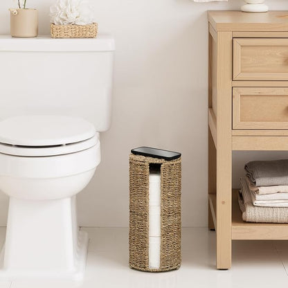 StorageWorks Seagrass Free Standing Toilet Paper Holder Stand for Bathroom, 3 Rolls of Toilet Tissue Storage with a Built-in Cloth Lining, Toilet Roll Holder Stand with Lid