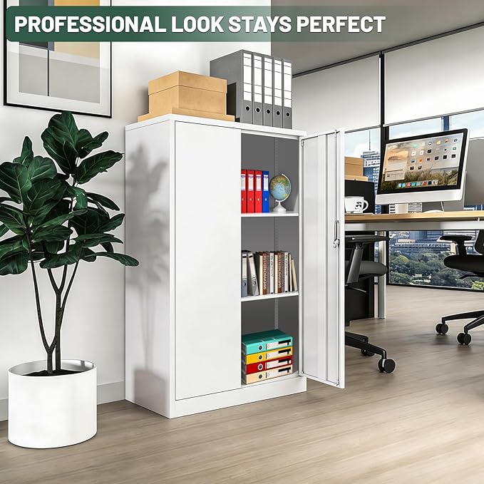 42" Folding Metal Storage Cabinet with Lock,2 Doors and 2 Adjustable Shelves,Quick Assembly Foldable Steel Cabinet for Office Home Garage,White