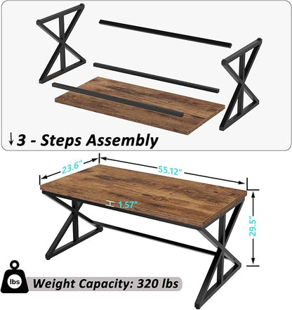 IBF 55” Rustic Computer Desk, Industrial Brown Home Office Desk, Wooden Metal Executive Pc Computer Desk Table, Wood Student Gaming Study Computer Table for Bedroom Living Room, Rustic Brown, 55 Inch