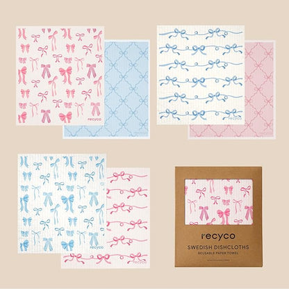 RECYCO Swedish Dishcloths for Kitchen | 6 Packs Lovely Bows Washable Dish Rags | Cellulose Reusable Cleaning Paper Towels | Absorbent Counter Dish Cloth Sponge Kitchen Wipes, 8" L x 7" W
