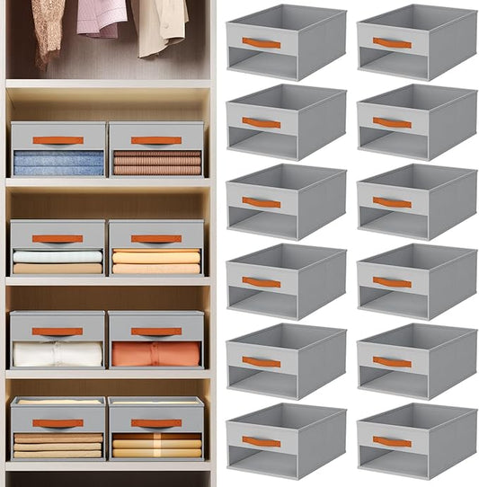 Homsorout Drawer Organizers and Storage - 12 Pack Foldable Pants Organizer with Clear Window & Handles, Fabric Closet Organizer for Clothes, Jeans, Sweaters, Towels, T-shirt, Scarf (Grey)