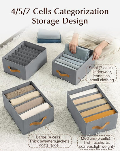 Homsorout Clothes Organizers and Storage - 4/5/7 Grids Fabric Jeans Organizer with Handles, Foldable Closet Organizers Dividers, Wardrobe organizer for Pant, Sweater, T-shirt, Scarf, 6 Pack, Pale Grey