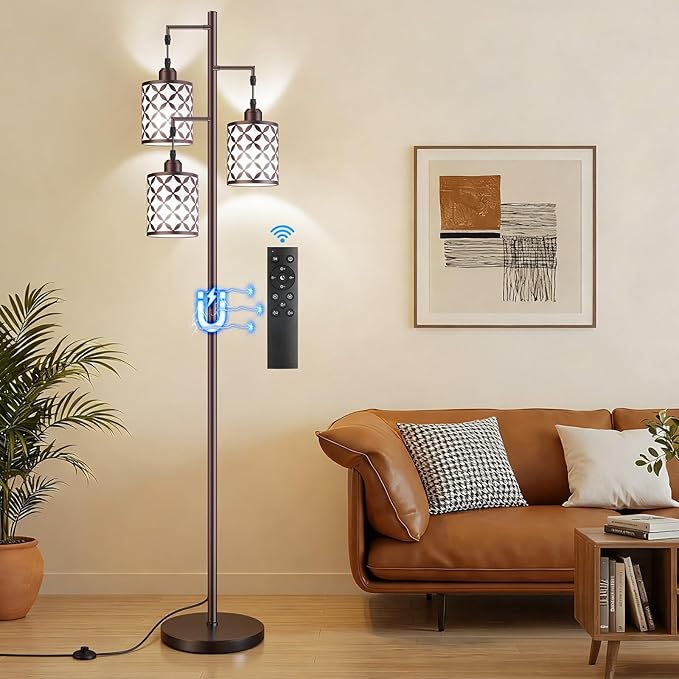New Upgraded 72" Tall Dimmable Floor Lamp with 3 x 1100LM 12W Bright LED Bulbs, Farmhouse Standing Lamp with Remote Control, Industrial Tree Pole Floor Lamps for Living Room, Bedroom, Office - Brown