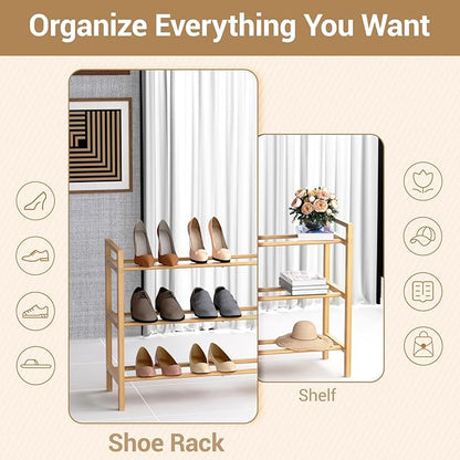 Haddockway Bamboo Shoe Rack for Closet, Free Standing Shoe Organizer with Smooth Round Rods & Convenient Handles, Stackable Shoe Storage Shelf for Entryway, Hallway(Natural, 3-Tier)