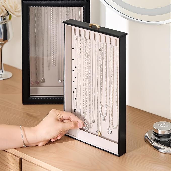 Lolalet Necklace Organizer Box, Jewelry Storage Box with Clear Window for Necklaces Bracelets, Tangle-Free Necklace Display Case for Women Girls, Black, 2 Layers 20 Hooks