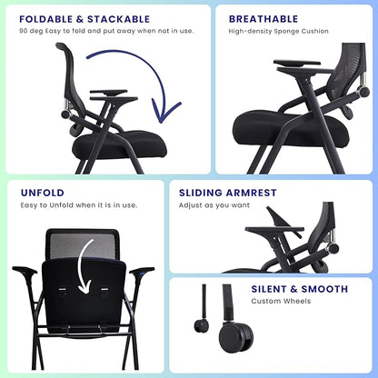 10 Pack Stackable & Foldable Conference Room Chairs with Lumbar Support, Armrest - Ergonomic Mesh Bouncing Back for Office Meeting, Conference, Reception and Training Room Chair