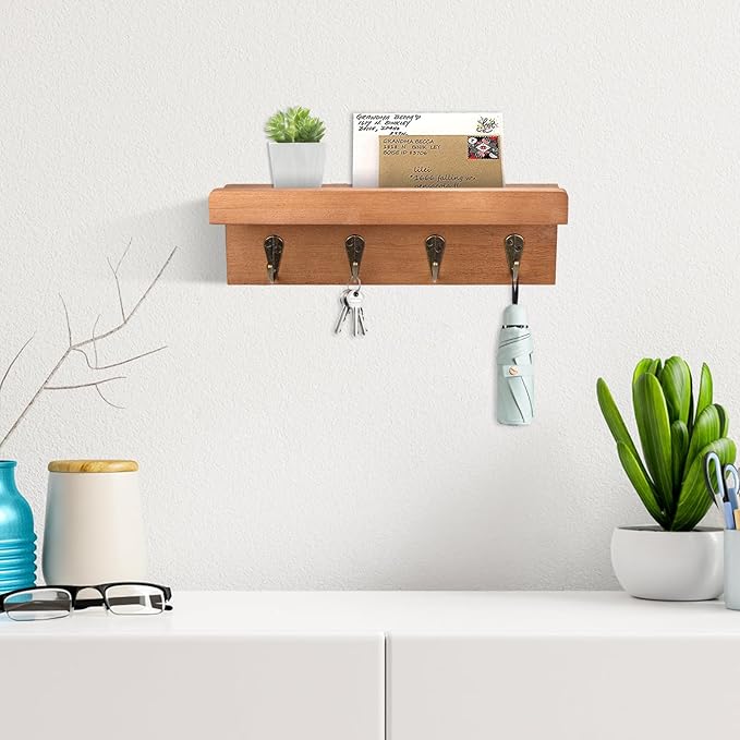 Rustic Key Holder for Wall, Farmhouse Wall Shelf with 4 Hooks, Wall Mounted Key Racks, Wooden Mail Organizer with Hooks for Entryway (Brown - Oak)