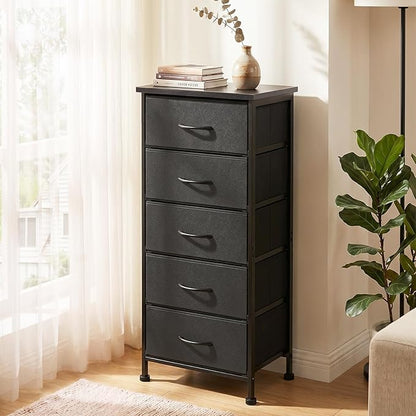 Fixwal Black Tall Skinny Dresser for Bedroom, Narrow Storage Dresser Organizer with 5 Fabric Drawers, Nightstand Furniture in Closet, Entryway, Hallway