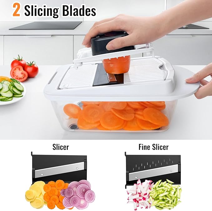 12 Blade All-in-1 Vegetable Chopper Mandoline Slicer with Container, Spiralizer with Containers, Food Chopper, Onion Chopper, Veggie Cutter for Salad, Kitchen Gadgets Accessories Essentials, White