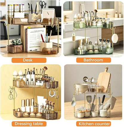 2-Tier Corner Bathroom Counter Organizer，Makeup & Skincare Shelf with Built-in Brush Holder，Space-Saving Bathroom Countertop Organizer for Skincare, Perfume, Cosmetics(Green)
