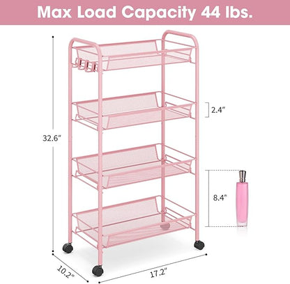 TOOLF 4 Tier Rolling Utility Cart - Durable Metal Design Pink Utility Cart, Storage Trolley on Wheels with 3 Hooks, Perfect for Kitchen, Bathroom & Laundry Room Organization
