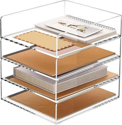 SANRUI 4 Tier Stackable Acrylic Letter Tray, 5mm Thick Clear Desk File Organizer, Document Paper Tray with Stable Bottom Bar for Letter A4 Office Supplies