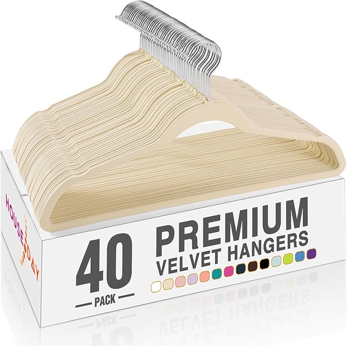 HOUSE DAY Beige Velvet Hangers 40 Pack, Non Slip Clothes Felt Hanger Heavy Duty for Coat, Premium Slim Space Saving Suit Hangers for Closet Organizer, 360° Rotating Silver Hook