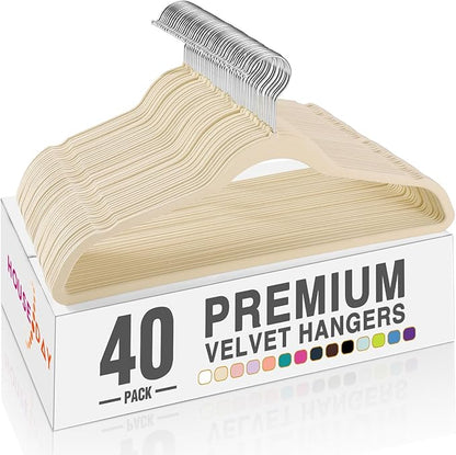 HOUSE DAY Beige Velvet Hangers 40 Pack, Non Slip Clothes Felt Hanger Heavy Duty for Coat, Premium Slim Space Saving Suit Hangers for Closet Organizer, 360° Rotating Silver Hook
