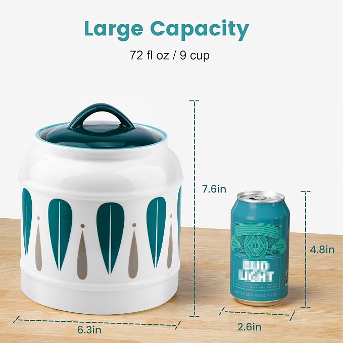 COCOYA 9cup/72oz Ceramic Jar for Dry Food Storage Containers, Airtight Cookie Jar with Lids, Porcelain Ceramic Canister for Kitchen Countertop Pantry Farmhouse Store Flour Sugar Bean Candy (Green)