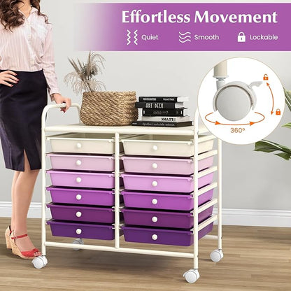 GOFLAME 12-Drawer Rolling Storage Cart, Multifunctional Art Craft Organizer Cart, Mobile Utility Storage Cart with Removable Drawers & Lockable Wheels, Craft Cart for Home Office, Purple Gradient