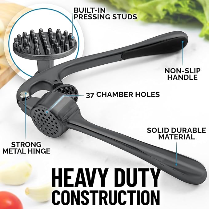 Zulay Kitchen Premium Garlic Press Set - Rust Proof Professional Garlic Mincer Tool - Easy-Squeeze, Easy-Clean with Soft, Ergonomic Handle - Silicone Garlic Peeler & Brush-Dark Gray