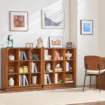 9 Cube Storage Book Shelf, 41" Tall Organizer Bookshelf with Curved Edge, Wood Floor Standing 3-Tier Cubby Bookcase with Base, Country Rustic Display Book Case for Library, Office, Brown