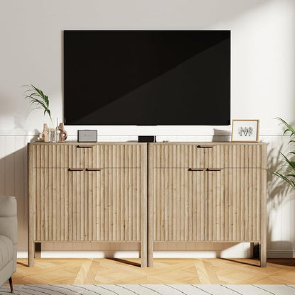 Sideboard Buffet Cabinet with Storage - Modern Fluted Credenza with Doors & Drawer, Accent Cabinet Coffee Table Bar Counter Bookcase for Living Room Kitchen Dining Room Entryway 31" H Oak