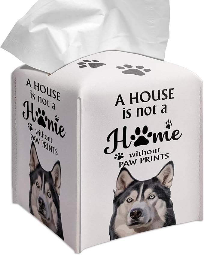 Grace Yonks Cute Husky Tissue Box Cover Square, Husky Dog Cube Case for Facial Tissues, 5.2" PU Leather(036)