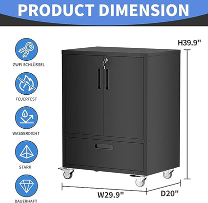 Metal Storage Cabinet with Wheels, Mobile Garage Storage Cabinet with 2 Lockable Doors and 1 Drawer, Rolling Tool Cabinet, Assembly Required, Black