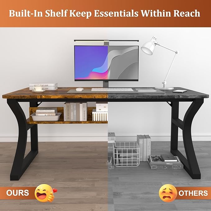 AZN Computer Desk, 55'' Computer Desk, Home Office Desks w/Storage, Home Office Desks w/U-Size Metal Frame for Home Office Bedroom, Study Writing Work Table w/Water-Resistant, Scratchproof Surface
