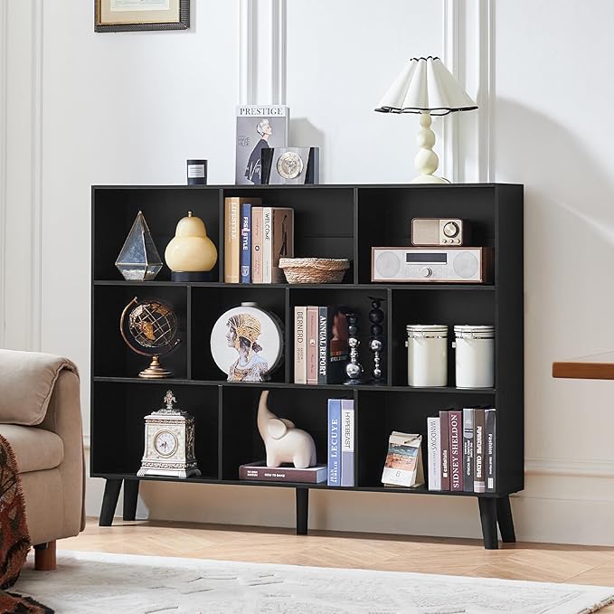 LEYAOYAO 10 Cube Bookshelf, 3 Tier Vintage 55" Wide Bookcase with Legs, Mid-Century Wood Bookshelves Storage, Black Large Book Case, Freestanding Organizer Display Shelf for Living Room, Office