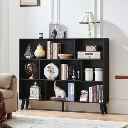 LEYAOYAO 10 Cube Bookshelf, 3 Tier Vintage 55" Wide Bookcase with Legs, Mid-Century Wood Bookshelves Storage, Black Large Book Case, Freestanding Organizer Display Shelf for Living Room, Office