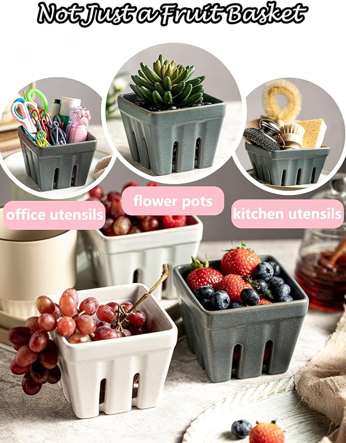 Gomakren Fruit Basket Set of 2, Square Fruit Bowls with Holes, Ceramic Berry Basket Storage Containers for Kitchen Fridge, Cute Strawberry Basket for Berries, Grape, Cherry, Slate Blue