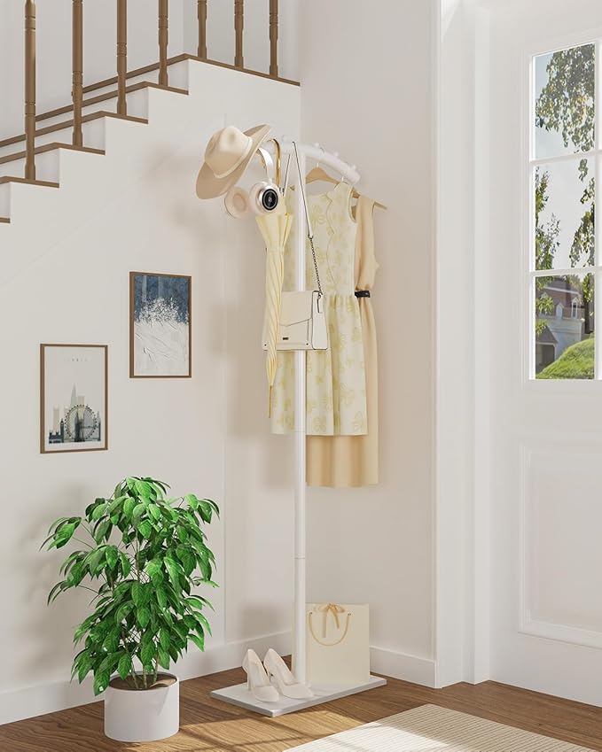 Arcuate Garment Rack, T-shaped Coat Tree Freestanding, Metal Coat Racks, Natural Stable Rock Base, Suitable For Entrances, Corridors, Halls, 68.9in, White
