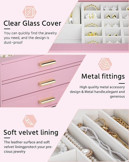 AKOZLIN Jewelry Box with Clear Lid Functional Leather Jewelry Storage Organizer Case 3 Drawers for Women Girls Necklace Ring Bracelet Earring