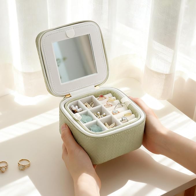 DesignSter Travel Jewelry Case for Woman, Small Travel Jewelry Box with Mirror,4.72×4.72×3.54 inches,Portable Design Travel Jewelry Organizer,Double Headed Zipper