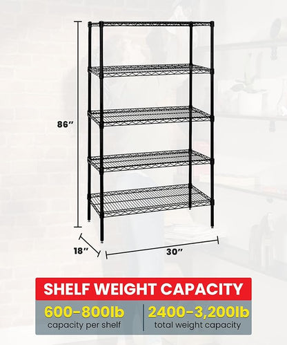 Quantum Storage Systems WR86-1830BK-5 Wire Shelving Starter Kit, 30" W x 18" D x 86" H, 600 lbs Capacity, Carbon Steel, Epoxy Coated, Black, NSF