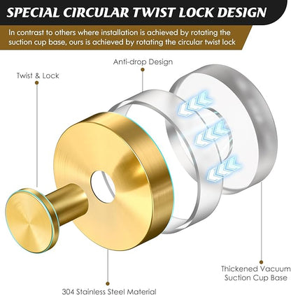MOTAIPEAK Suction Cup Hooks for Shower,Removable Shower Towel Suction Hooks for Bathroom Wall,Kitchen,Glass,Mirror,Tile to Hang Robes,Loofah-Gold(2-Pack)