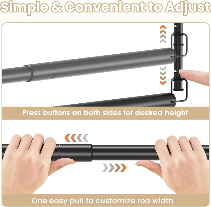 Stepless Extender Closet Hanging Rod - Heavy Duty Closet Rods for Hanging Clothes, Adjustable Width & Height, Space-Saving Matte Black Closet Organizer for Hanging & Drying, Easy to Install
