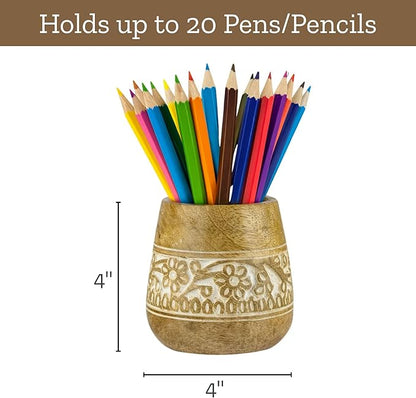 Mie Creations Designer Pencil Holder for Desk Wood | Paintbrush Holder Cup, Desk Accessories, Cute Make Up Brush Organizers | Office Desktop, Wooden Pen Stand | Stationary, Art Supplies | White-4''