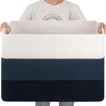 OIAHOMY 108L Super Large Blanket Basket, 25”x16”x16” Rectangle Woven Baskets for Storage, Cotton Rope Basket For Living Room, Toy Storage with Handle - Gradient Blue