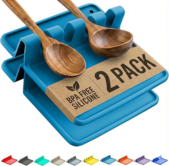 Cooler Kitchen Light Blue Silicone Spoon Rest for Stove Top with Drip Pad (Two Pack) - Heat Resistant BPA Free Utensil Rest & Spoon Holder for Kitchen Counter - Grill Utensil Holder - Spatula Holder